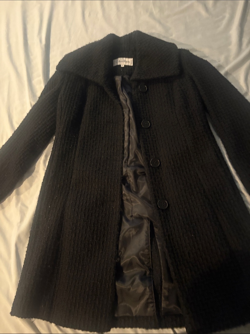 Calvin Klein Black Textured Wool-Blend Pea Coat